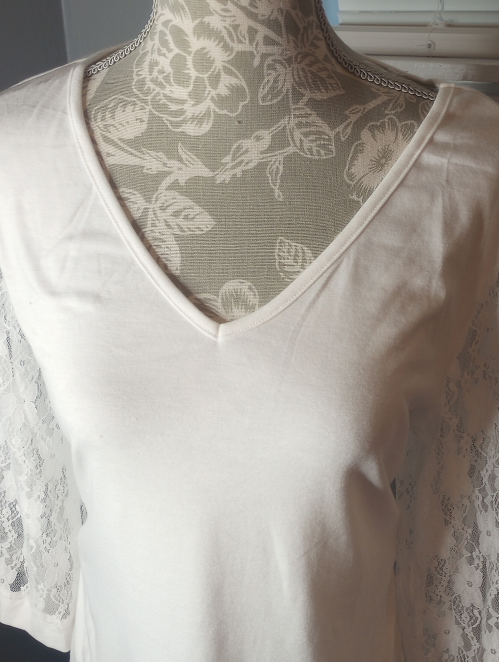 White V-Neck Top with Lace Sleeves
